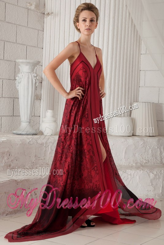Red Spaghetti Straps Brush Train Printing Mother Bride Dress