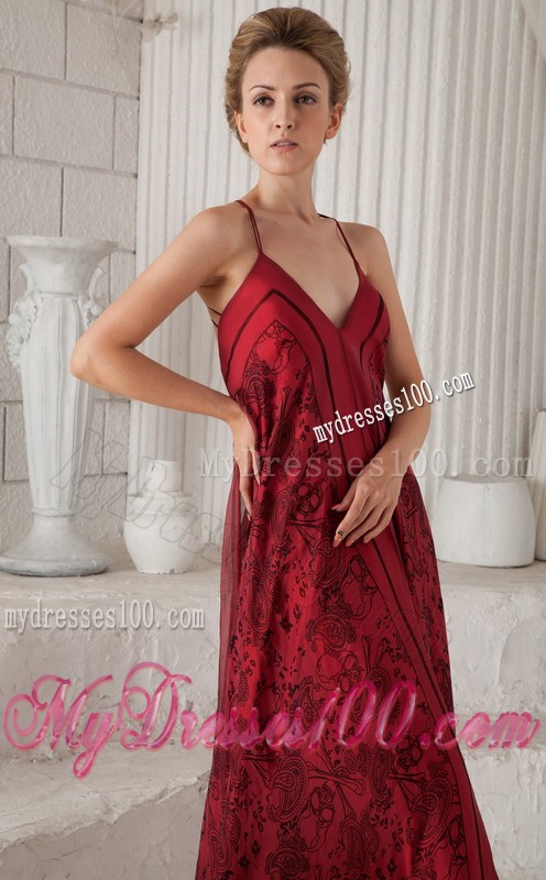 Red Spaghetti Straps Brush Train Printing Mother Bride Dress