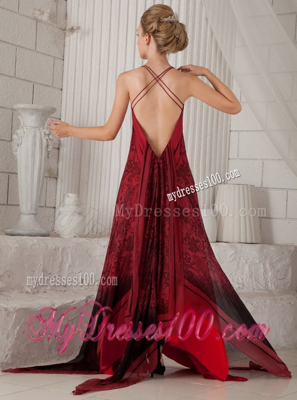 Red Spaghetti Straps Brush Train Printing Mother Bride Dress