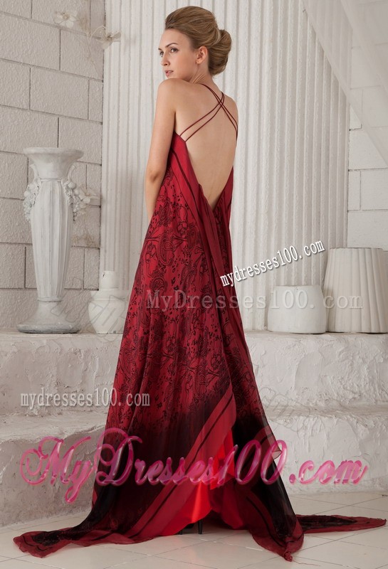 Red Spaghetti Straps Brush Train Printing Mother Bride Dress