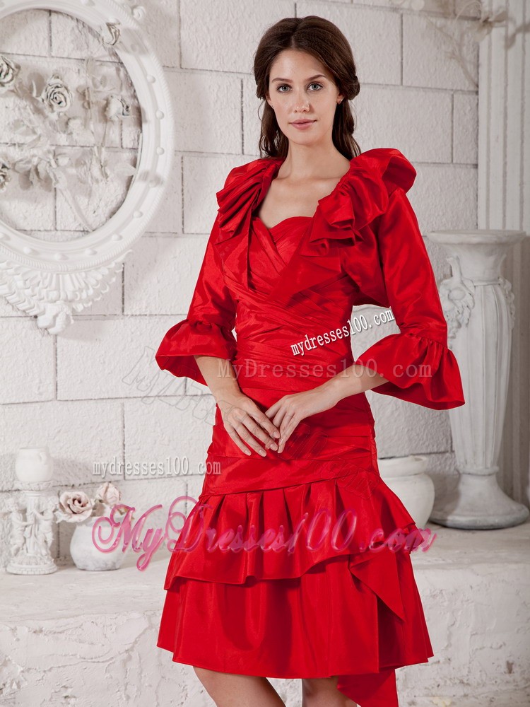 Red Column and Ruffled Jacket Knee-length Ruching Mother Bride Dress