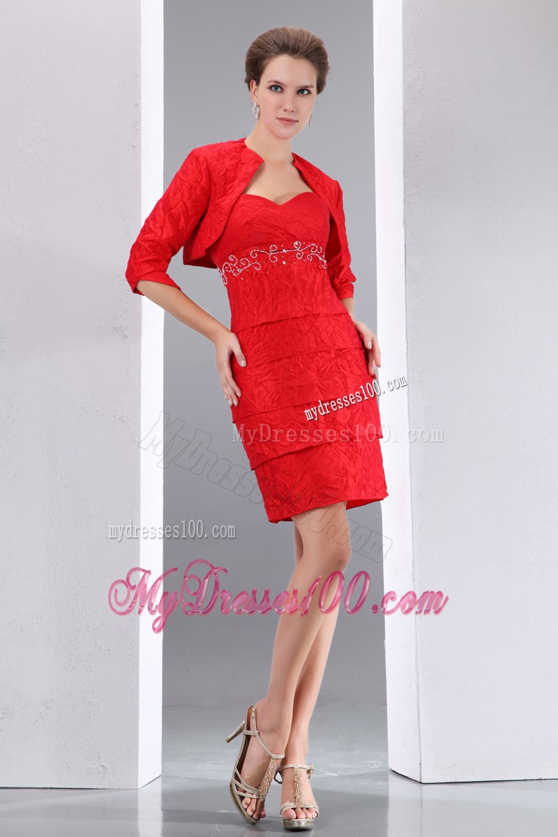 Red Column Sweetheart Mini-length Beading Mother of the Bride Dress
