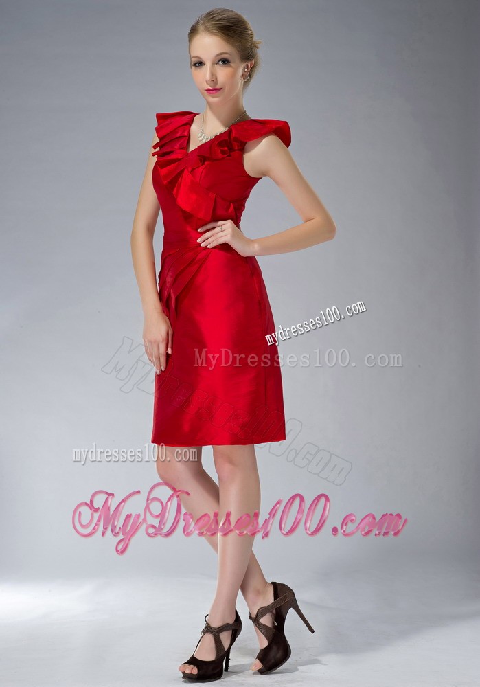 Red Column V-neck Mini-length Ruching Mother Bride Dress