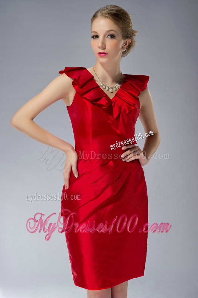 Red Column V-neck Mini-length Ruching Mother Bride Dress