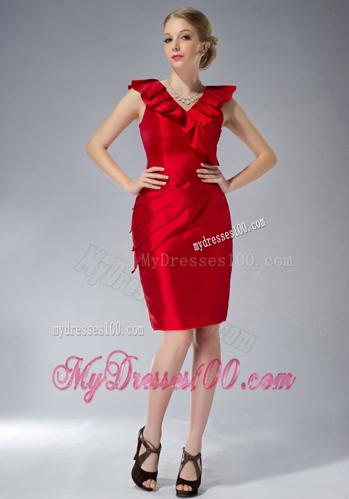 Red Column V-neck Mini-length Ruching Mother Bride Dress