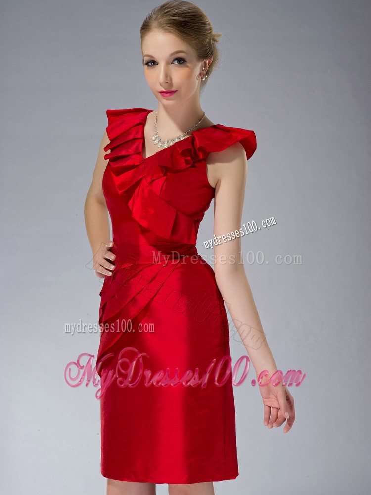 Red Column V-neck Mini-length Ruching Mother Bride Dress