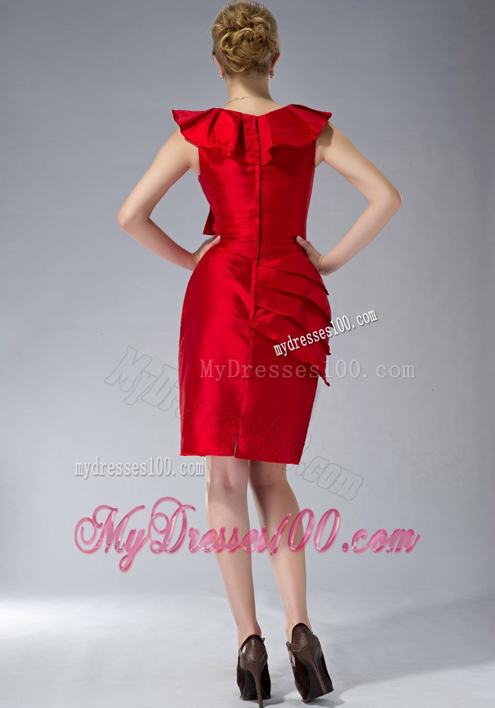 Red Column V-neck Mini-length Ruching Mother Bride Dress