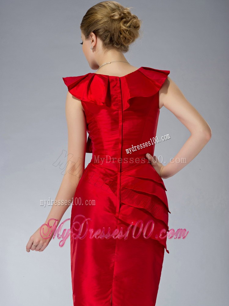 Red Column V-neck Mini-length Ruching Mother Bride Dress