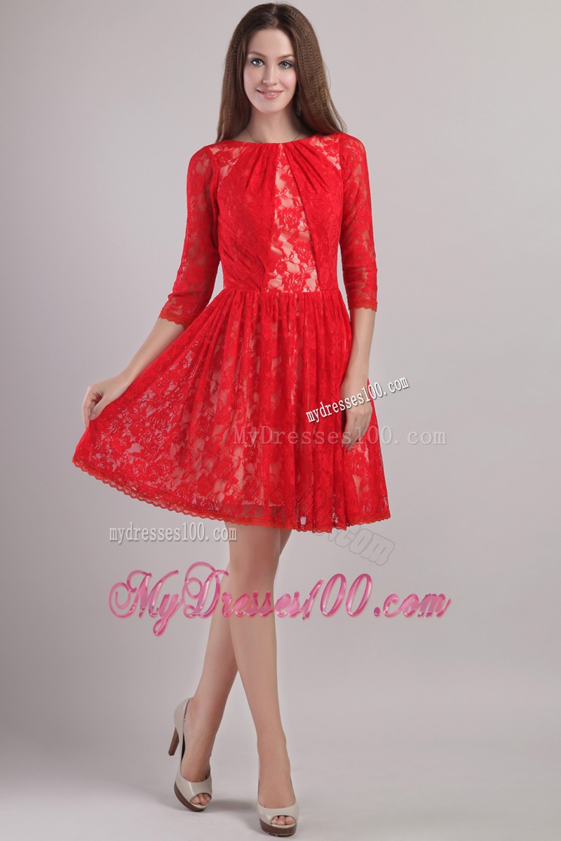 Red Empire Bateau Mini-length Lace Embroidery Mother Bride Dress