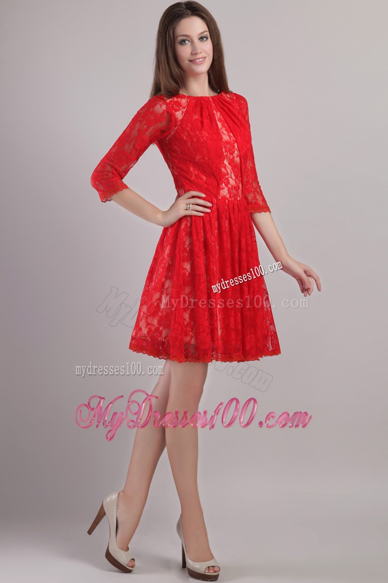 Red Empire Bateau Mini-length Lace Embroidery Mother Bride Dress