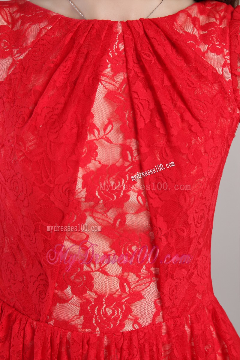 Red Empire Bateau Mini-length Lace Embroidery Mother Bride Dress