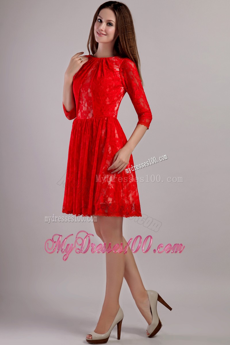 Red Empire Bateau Mini-length Lace Embroidery Mother Bride Dress