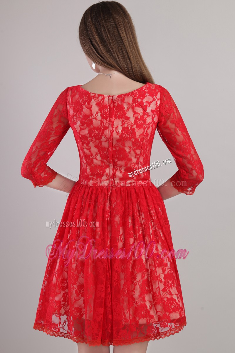 Red Empire Bateau Mini-length Lace Embroidery Mother Bride Dress