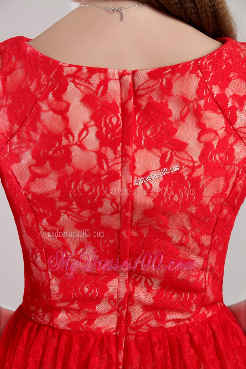 Red Empire Bateau Mini-length Lace Embroidery Mother Bride Dress