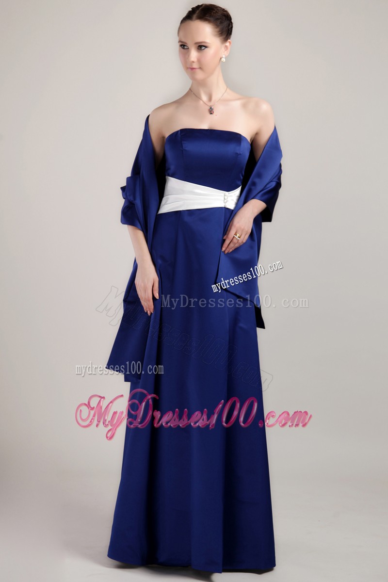 Royal Blue Empire Strapless Mother Bride Dress Decorated White Sash