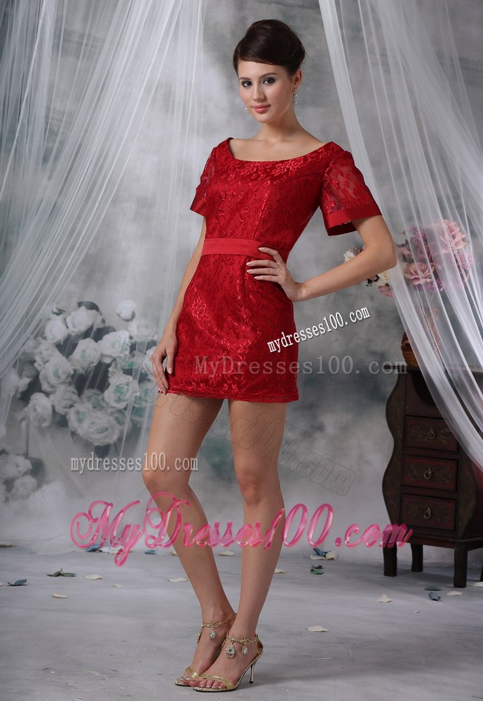 Wine Red Lace Scoop Mini-length Short Sleeves Sash Mother Bride Dress