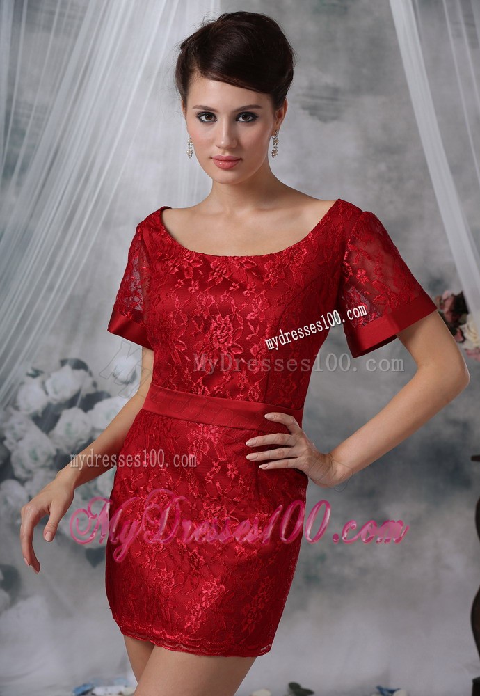 Wine Red Lace Scoop Mini-length Short Sleeves Sash Mother Bride Dress