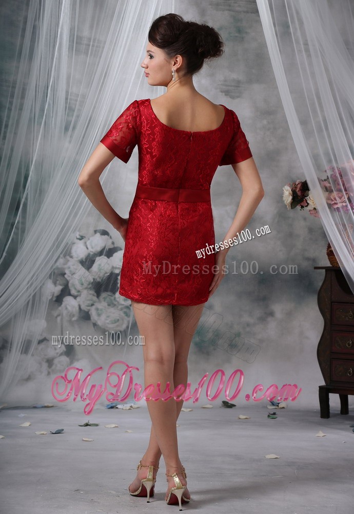 Wine Red Lace Scoop Mini-length Short Sleeves Sash Mother Bride Dress