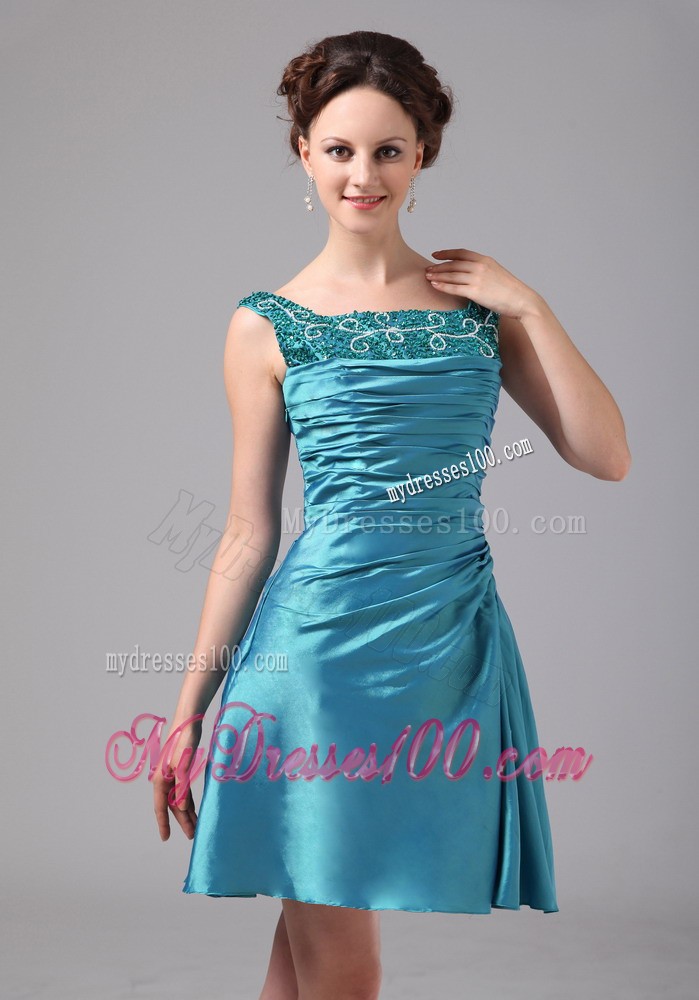 Teal Appliques and Ruche Mini Mother of the Bride Dress with Jacket