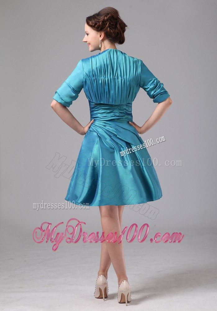 Teal Appliques and Ruche Mini Mother of the Bride Dress with Jacket