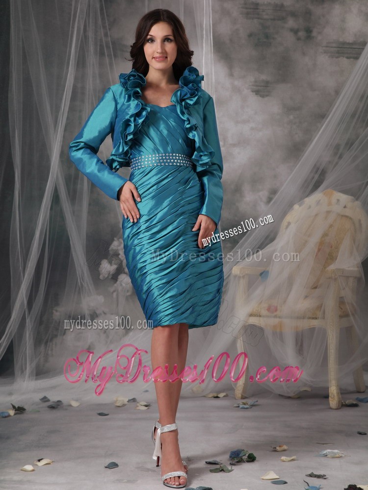 Teal Sheath Strapless Knee-length Ruffles Mother of the Bride Dress