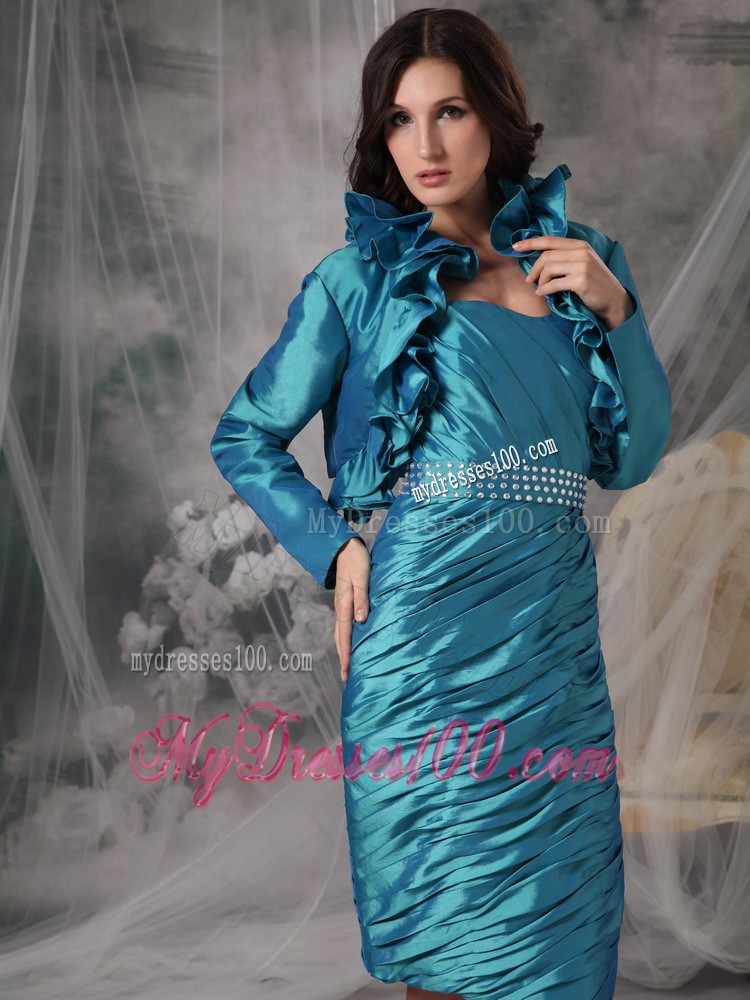Teal Sheath Strapless Knee-length Ruffles Mother of the Bride Dress