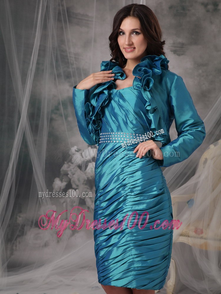 Teal Sheath Strapless Knee-length Ruffles Mother of the Bride Dress