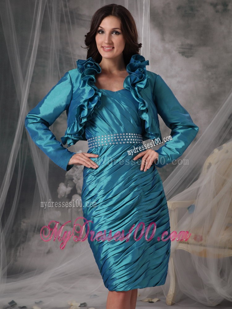 Teal Sheath Strapless Knee-length Ruffles Mother of the Bride Dress