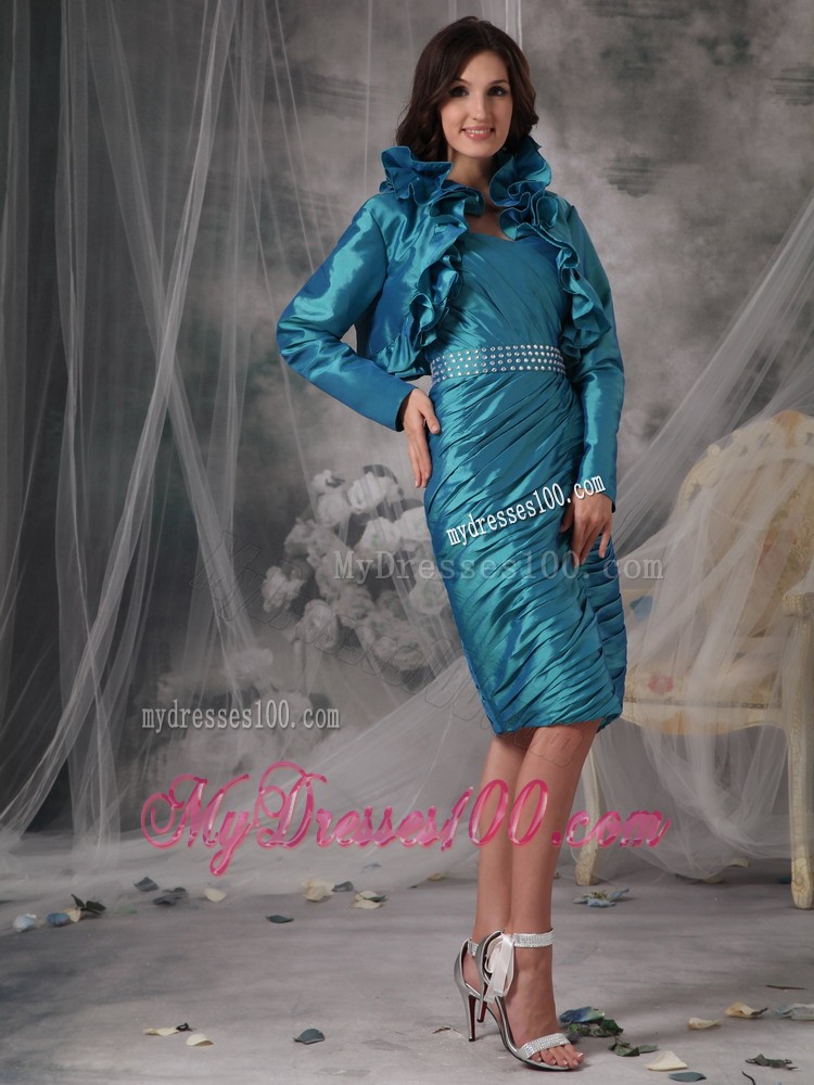 Teal Sheath Strapless Knee-length Ruffles Mother of the Bride Dress