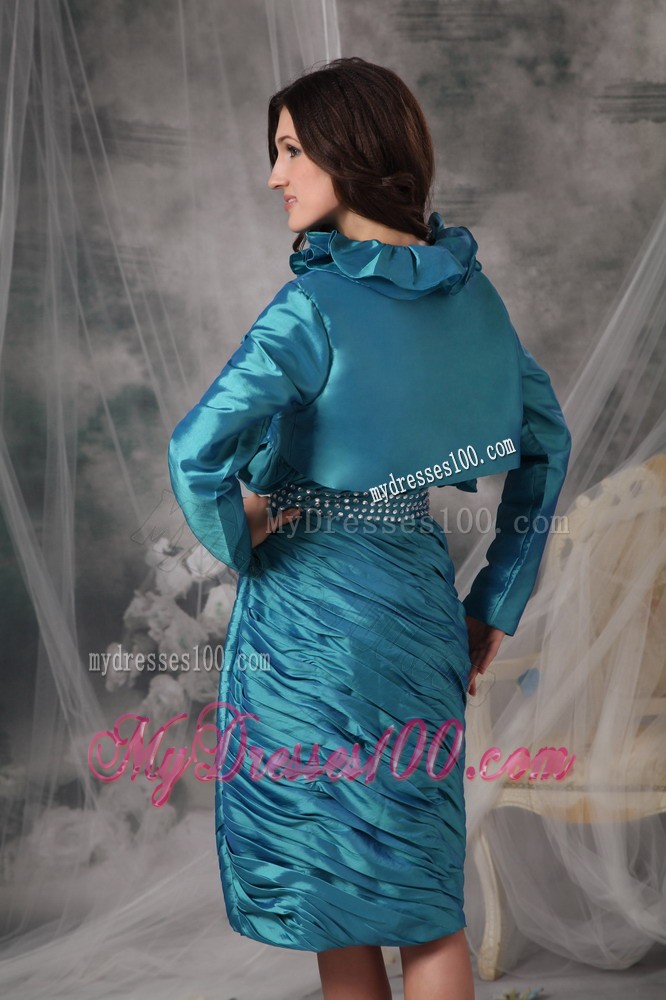 Teal Sheath Strapless Knee-length Ruffles Mother of the Bride Dress