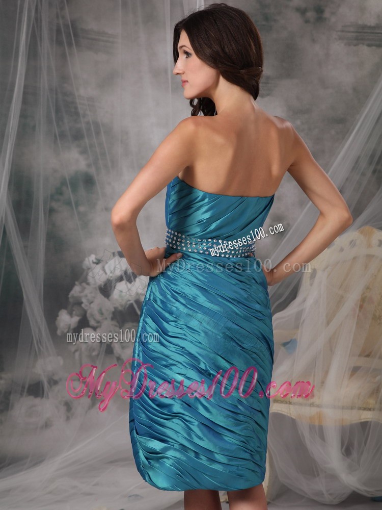 Teal Sheath Strapless Knee-length Ruffles Mother of the Bride Dress
