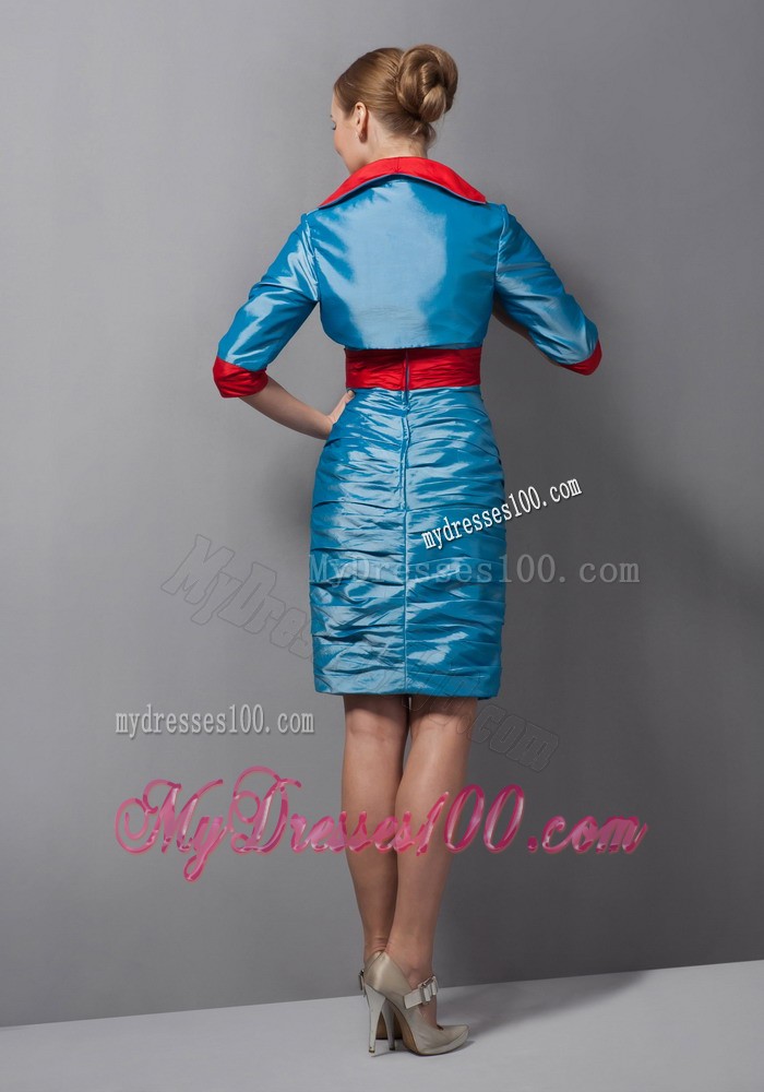 Teal and Red Column Sweetheart Mini-length Belt Mother of Bride Dress