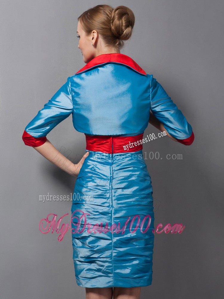 Teal and Red Column Sweetheart Mini-length Belt Mother of Bride Dress