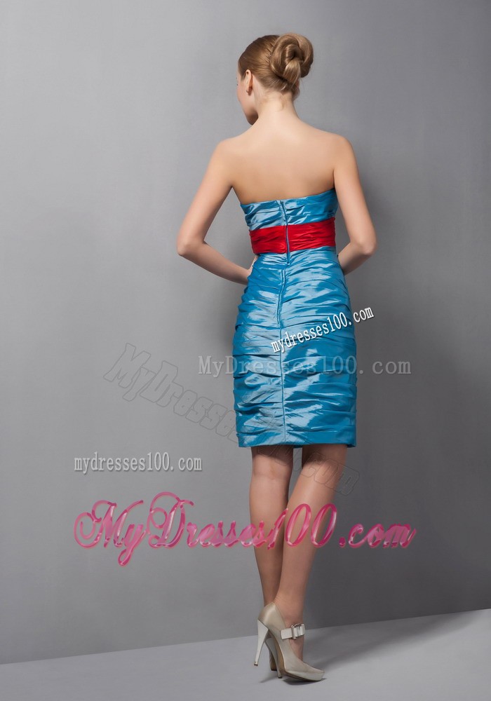 Teal and Red Column Sweetheart Mini-length Belt Mother of Bride Dress