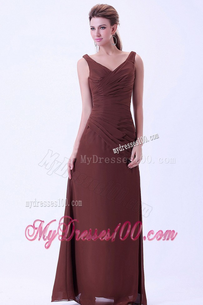 V-neck Chiffon Brown Bridesmaid Dress Floor-length with Straps