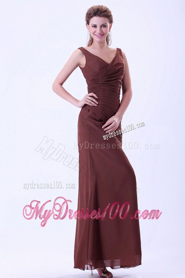 V-neck Chiffon Brown Bridesmaid Dress Floor-length with Straps
