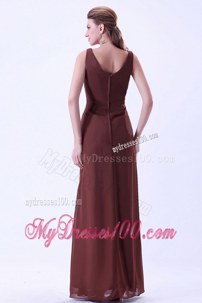 V-neck Chiffon Brown Bridesmaid Dress Floor-length with Straps