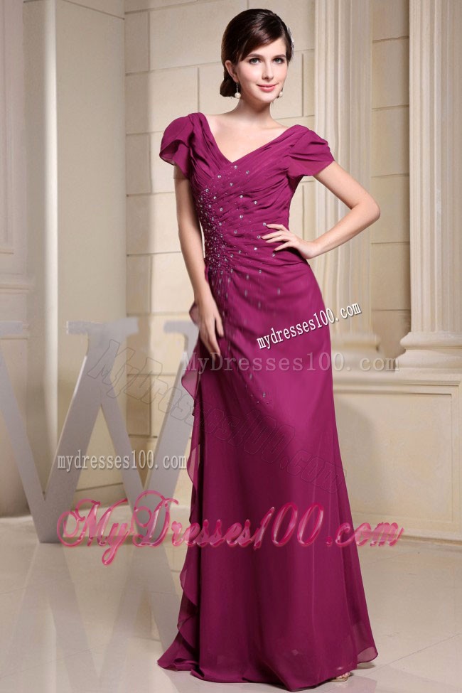 V-neck and Short Sleeves For Mother Of The Bride Dress With Beading