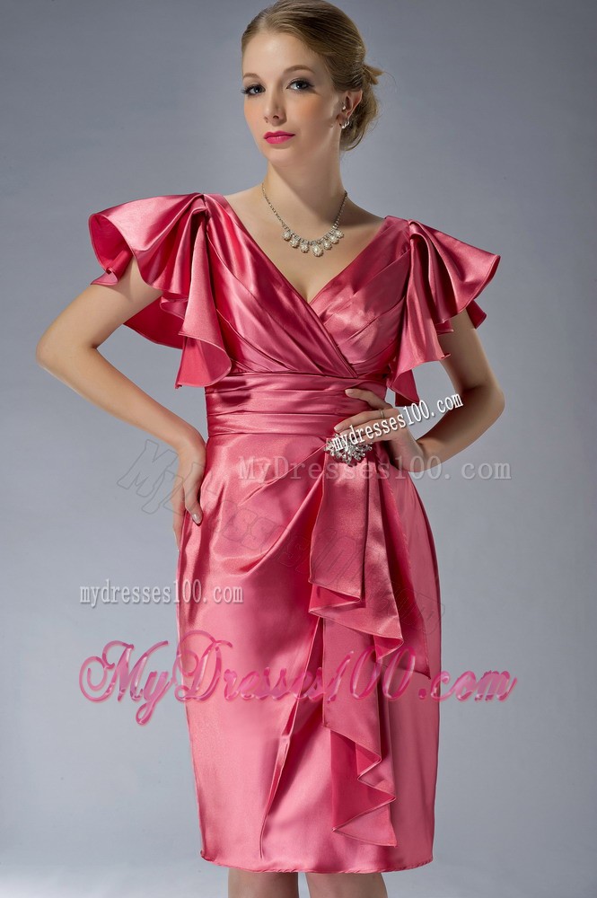 Watermelon Red Column V-neck Knee-length Beading Mother Bride Dress