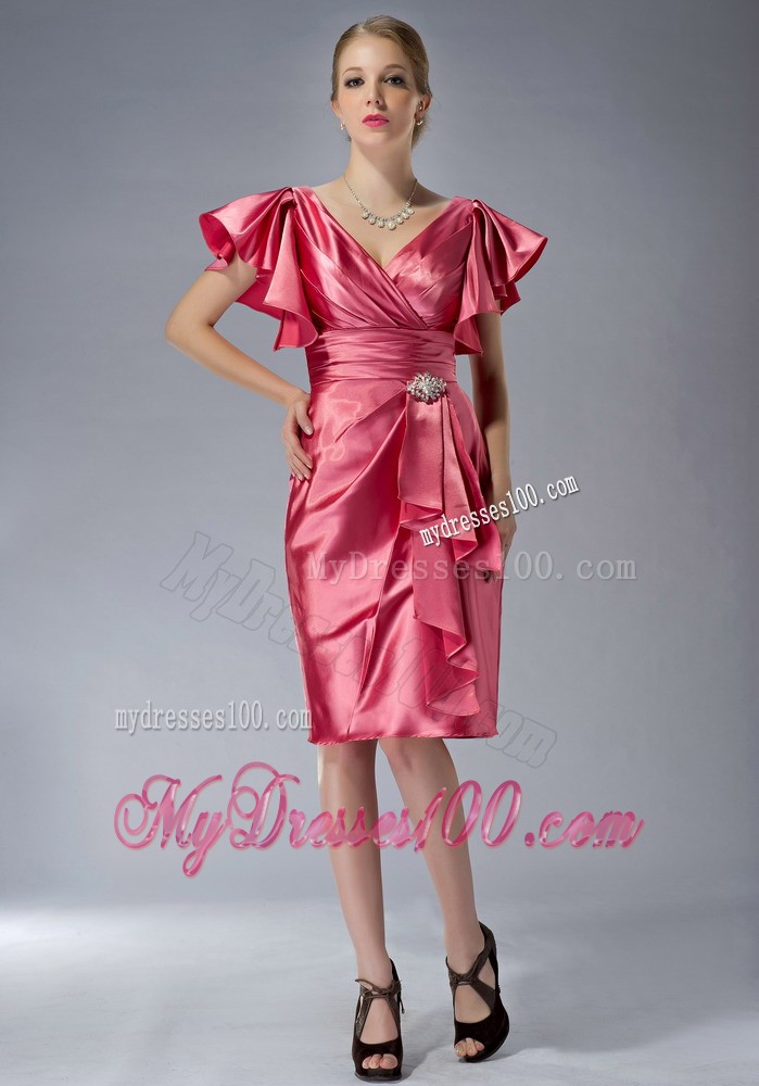 Watermelon Red Column V-neck Knee-length Beading Mother Bride Dress