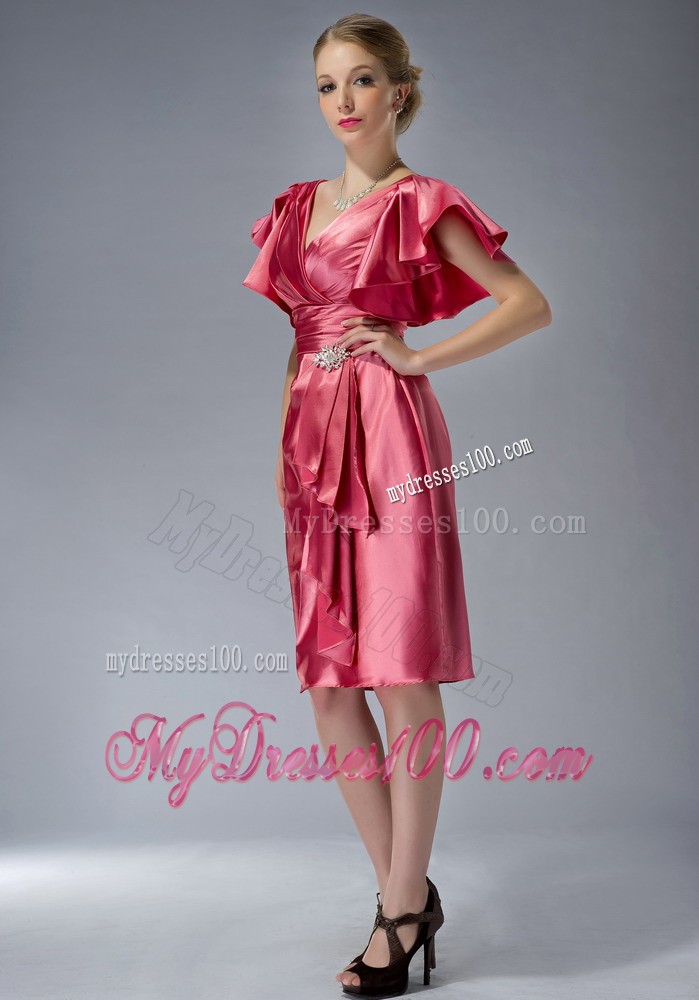 Watermelon Red Column V-neck Knee-length Beading Mother Bride Dress
