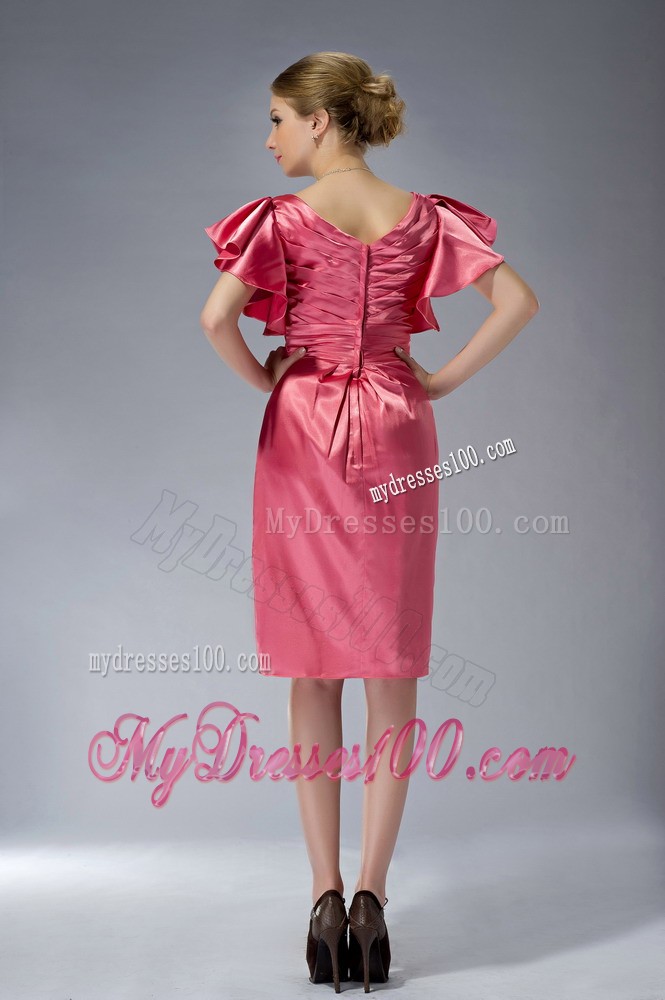 Watermelon Red Column V-neck Knee-length Beading Mother Bride Dress