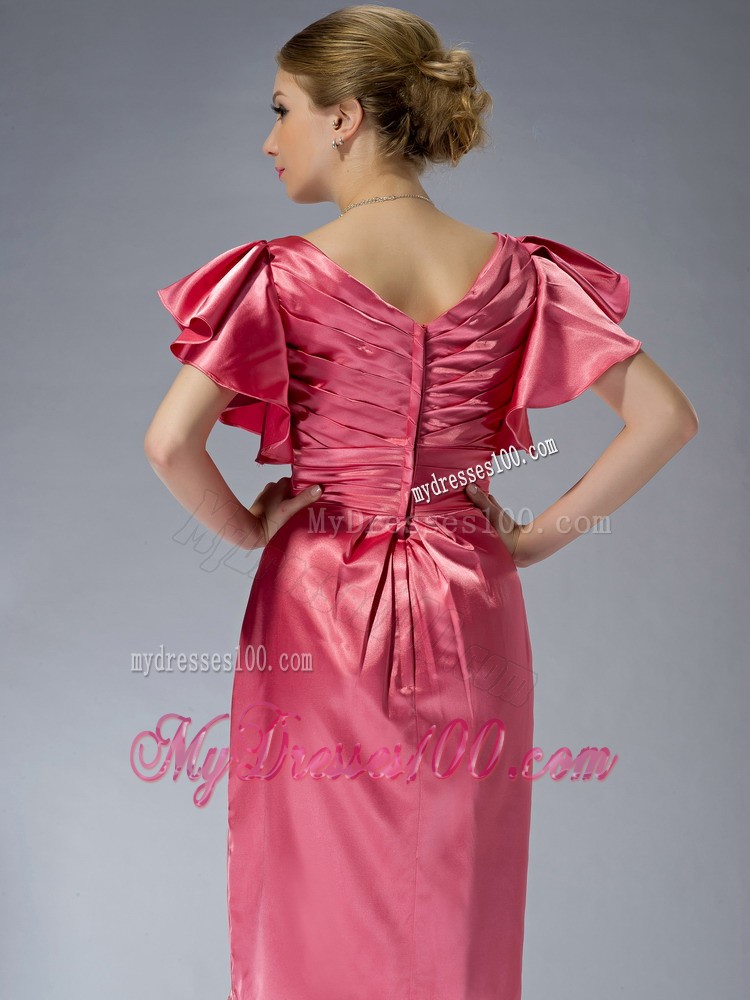 Watermelon Red Column V-neck Knee-length Beading Mother Bride Dress