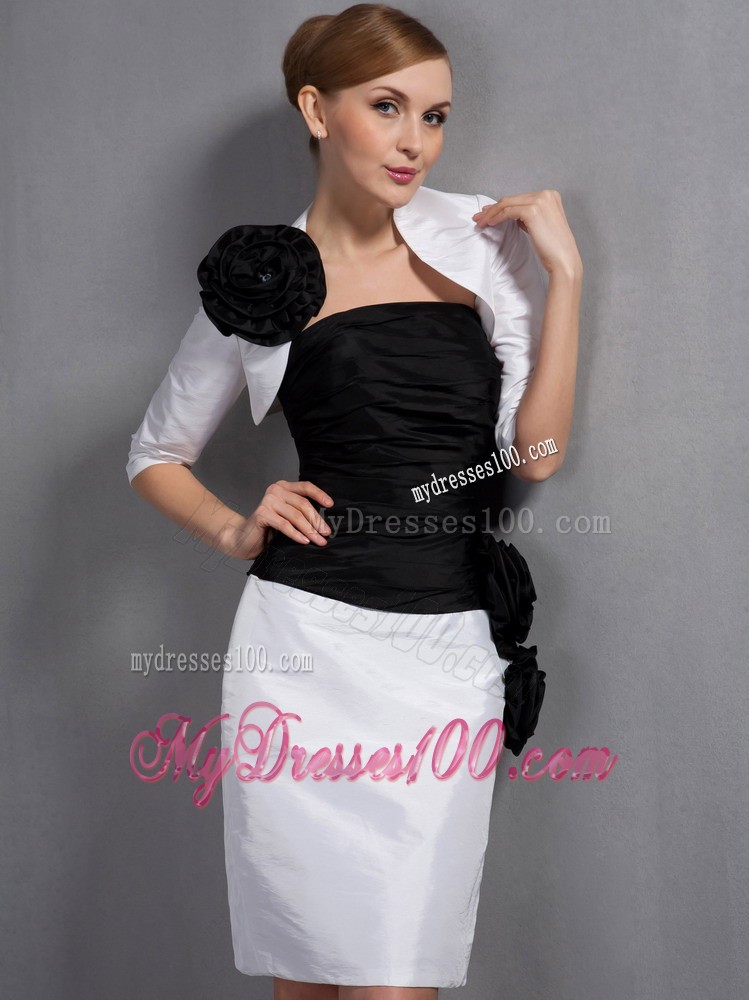 White and Black Column Knee-length Hand Flowers Mother Dress