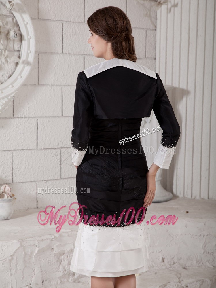 White and Black Column Strapless Knee-length Beading Mother Bride Dress