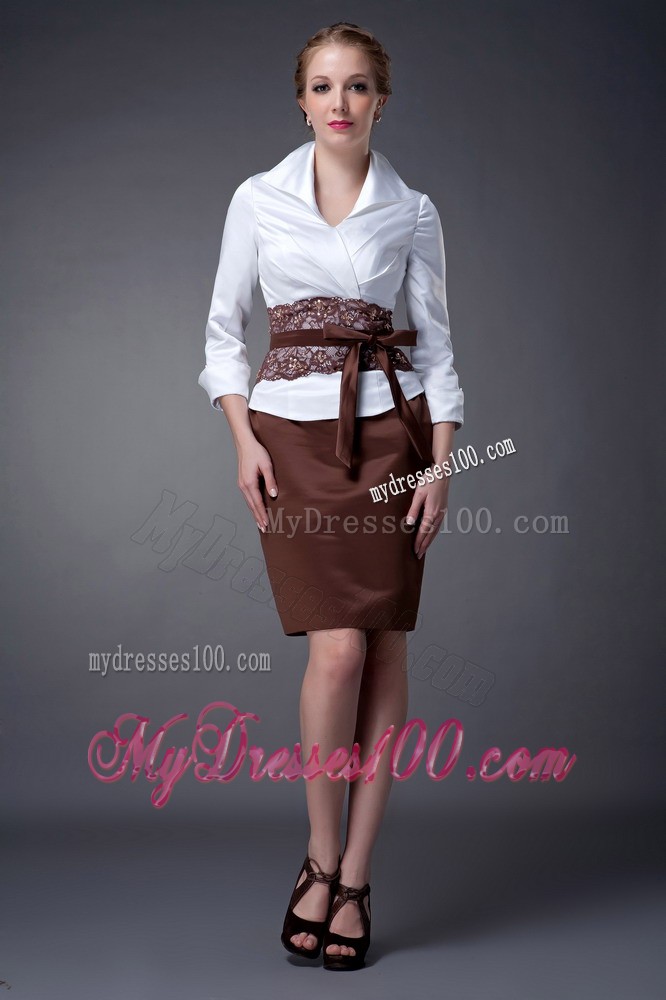 White and Brown Column V-neck Mini Mother Bride Dress Decorated Sash