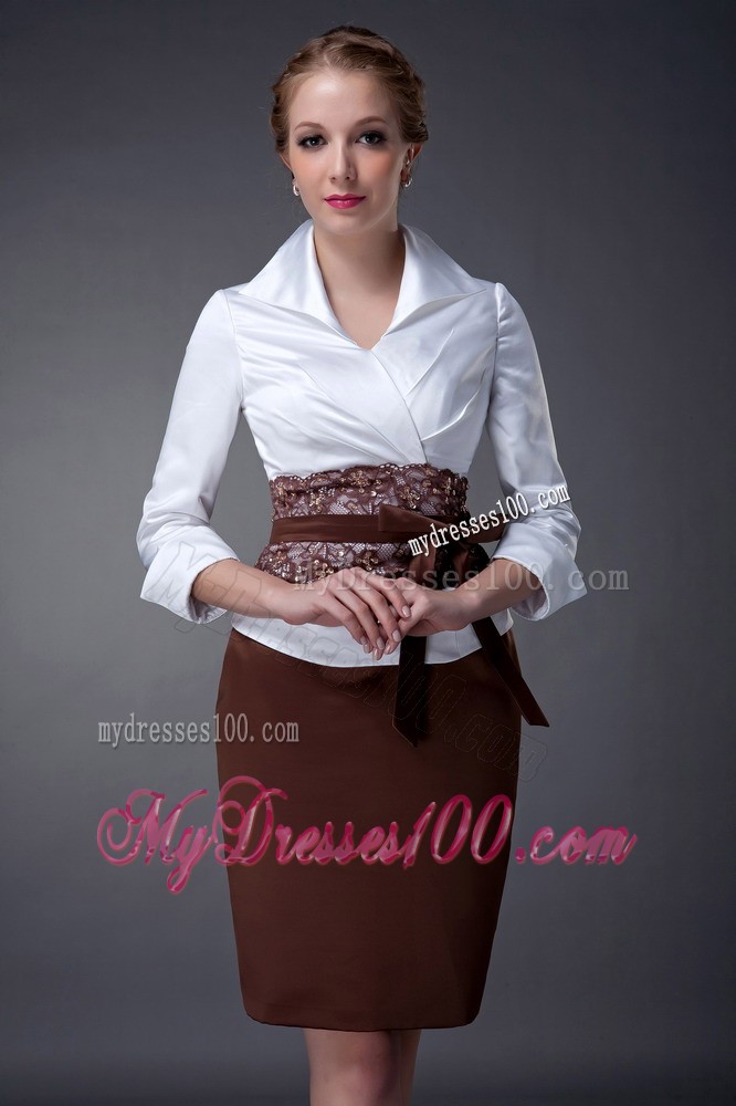 White and Brown Column V-neck Mini Mother Bride Dress Decorated Sash