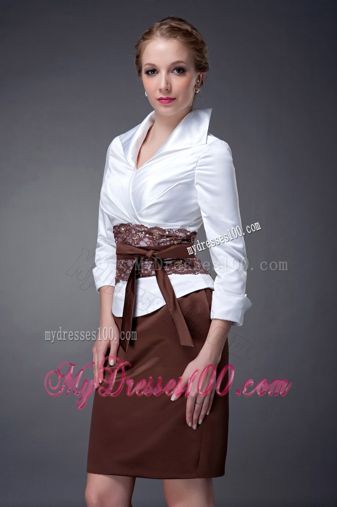 White and Brown Column V-neck Mini Mother Bride Dress Decorated Sash