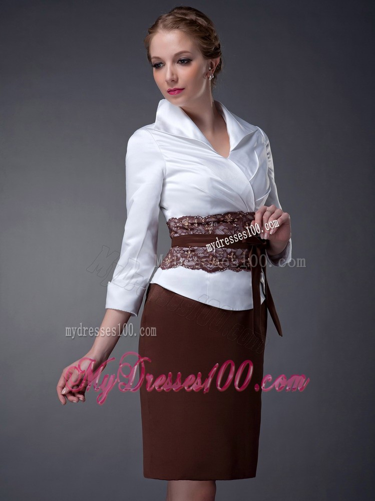 White and Brown Column V-neck Mini Mother Bride Dress Decorated Sash