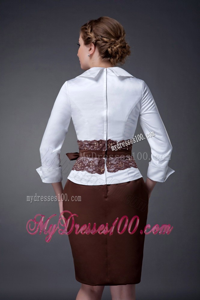 White and Brown Column V-neck Mini Mother Bride Dress Decorated Sash